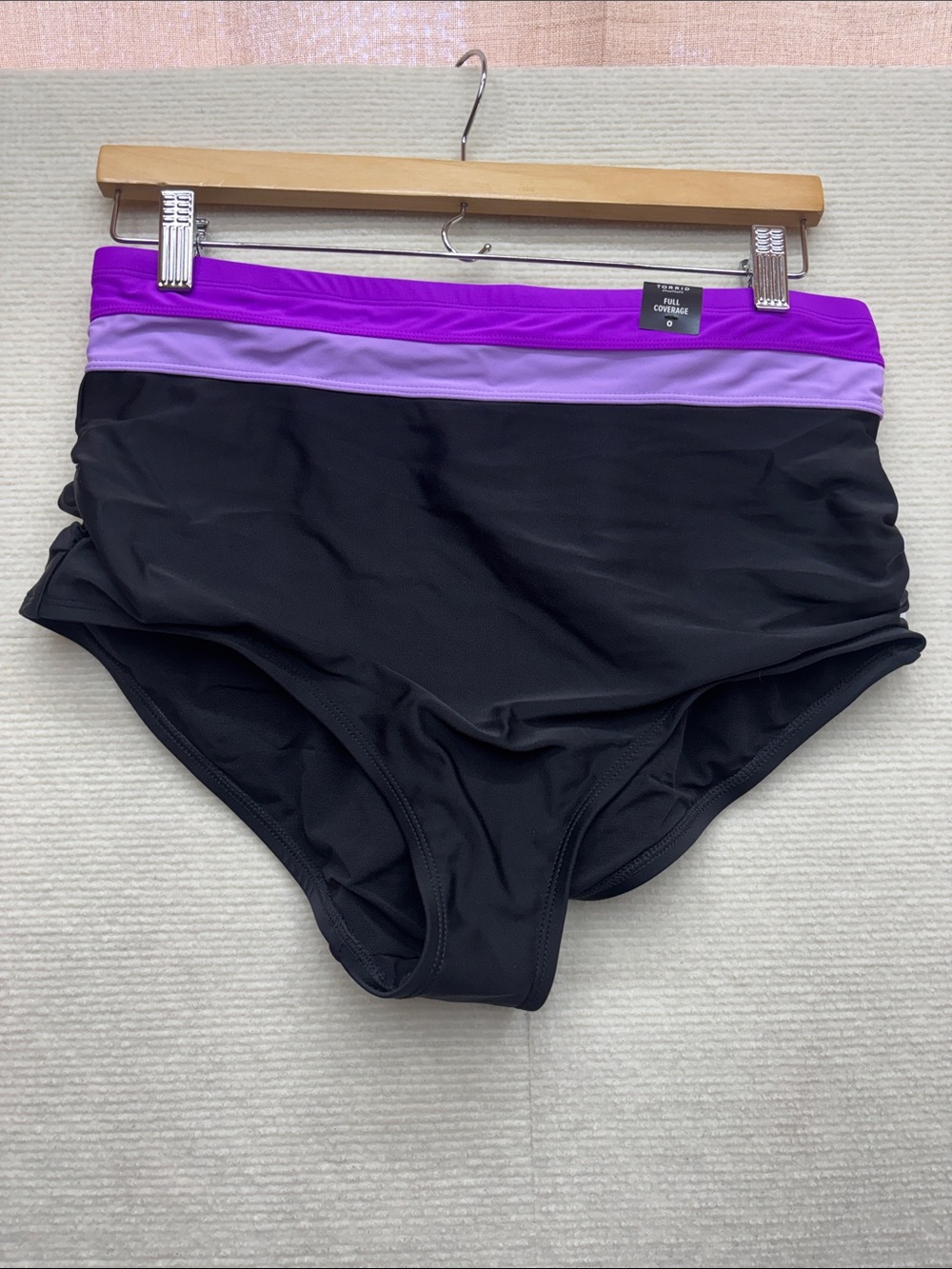 New torrid | Black High-Waist Swim Bottoms with Purple Waistband 0 full coverage